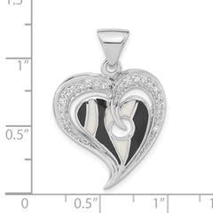 Sterling Silver Polished Heart With Black And White Enamel CZ Pendant