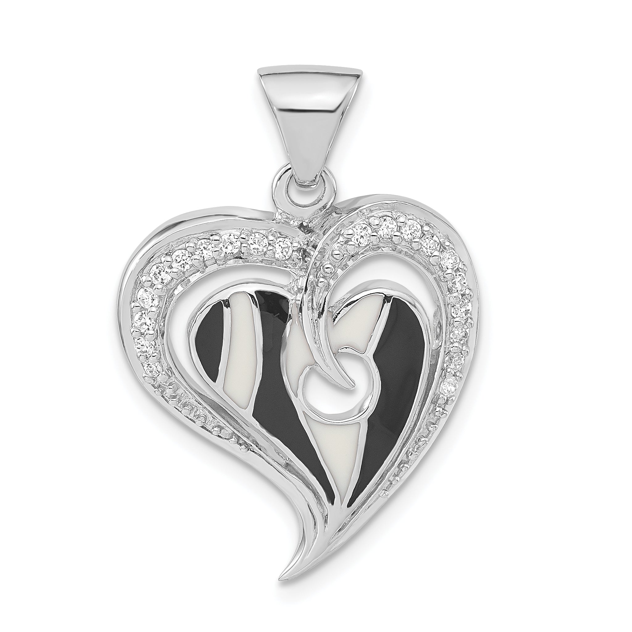 Sterling Silver Polished Black & White Enamel CZ Heart Pendant Main image