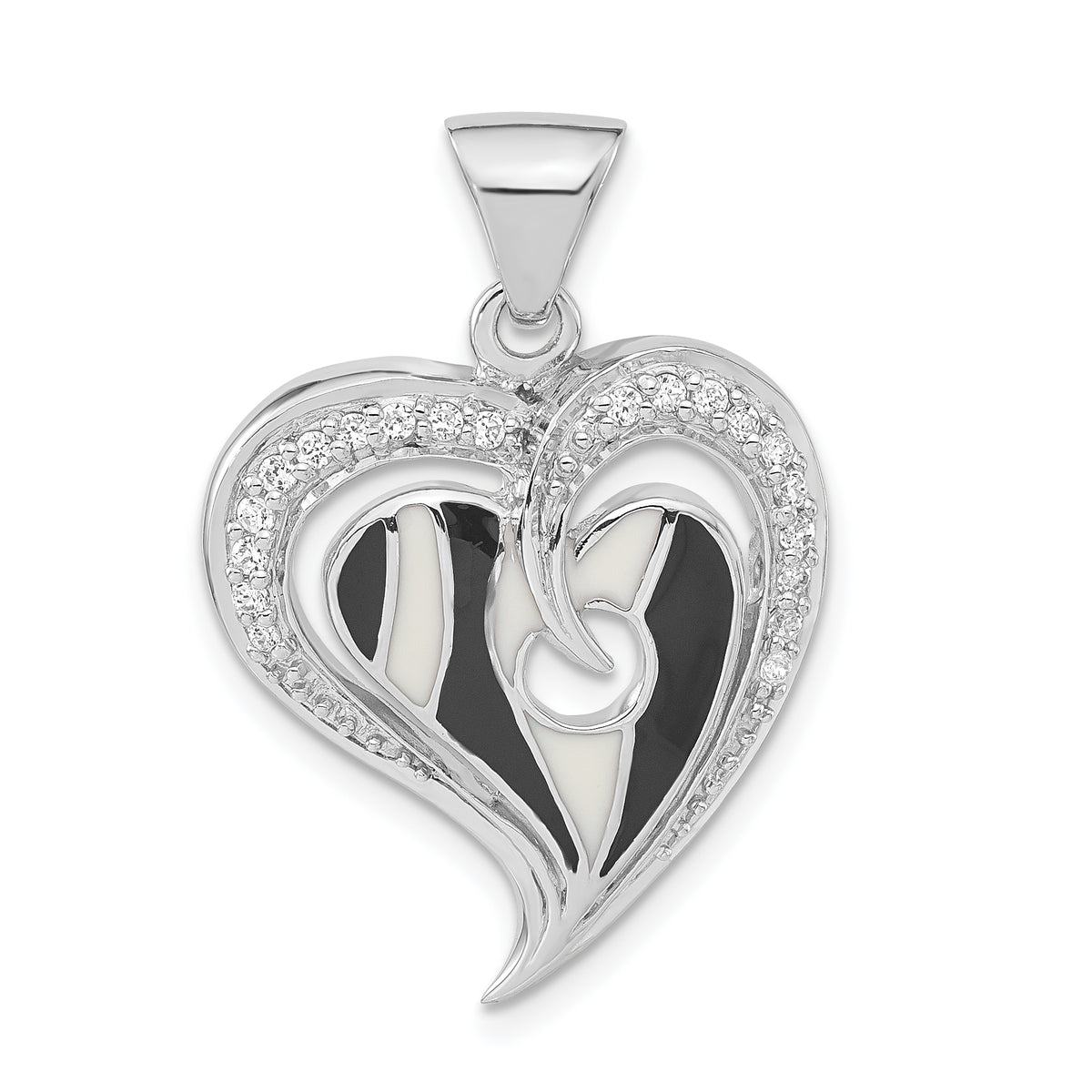 Sterling Silver Polished Black & White Enamel CZ Heart Pendant