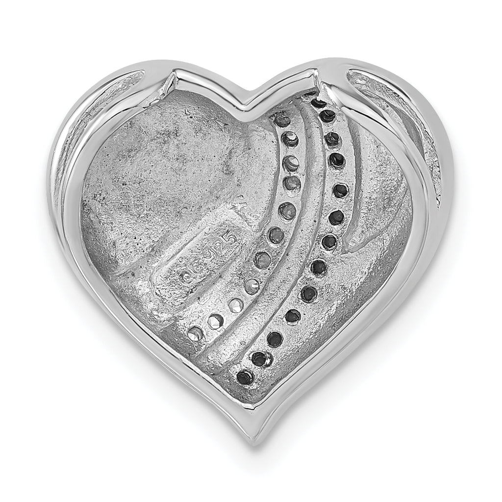 Sterling Silver Blk Rhod & Enamel White/Blk CZ Heart Chain Slide Pendant