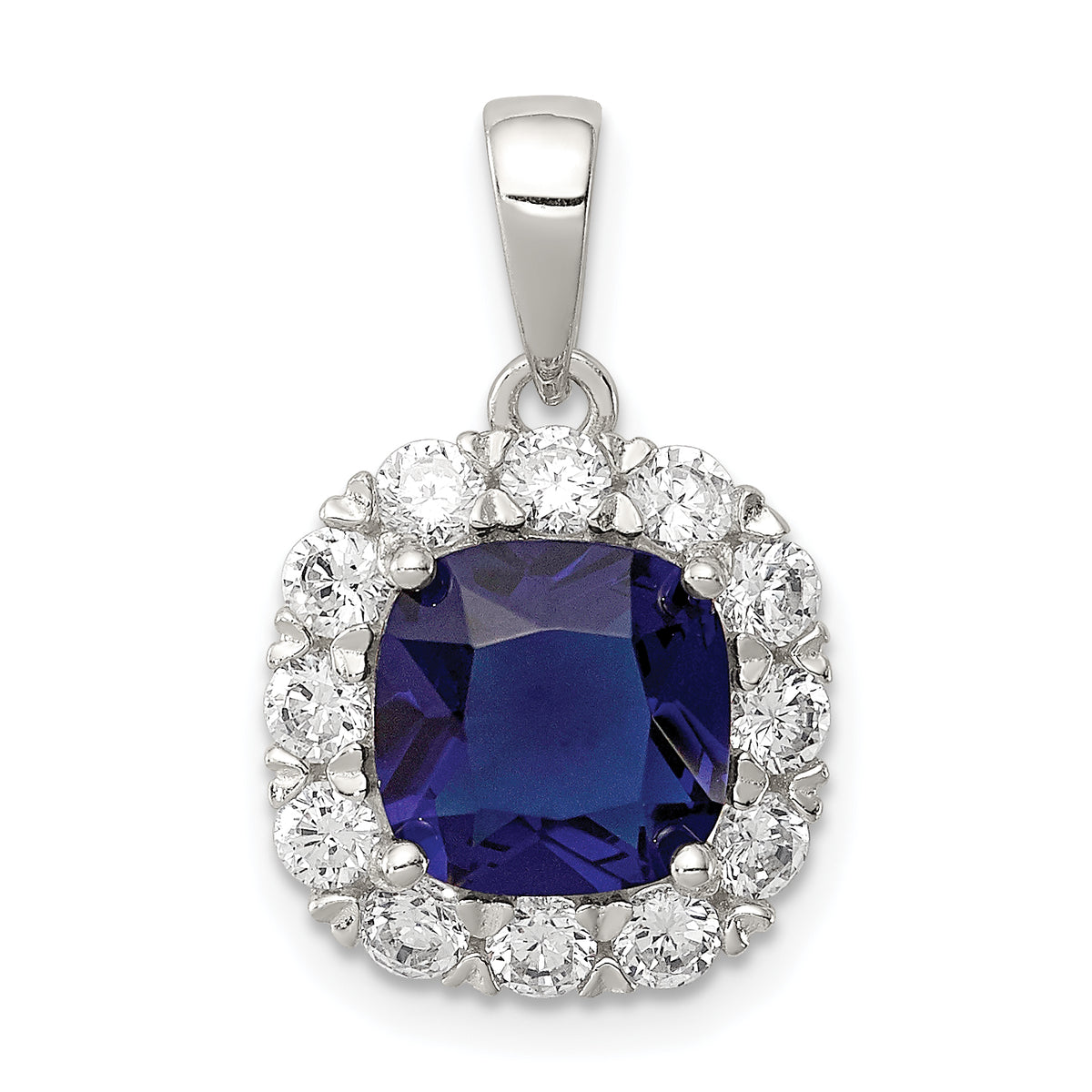 Sterling Silver Rhodium-plated CZ and Blue Glass Pendant