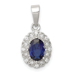 Sterling Silver RH-plated Polished CZ & Created Sapphire Oval Halo Pendant