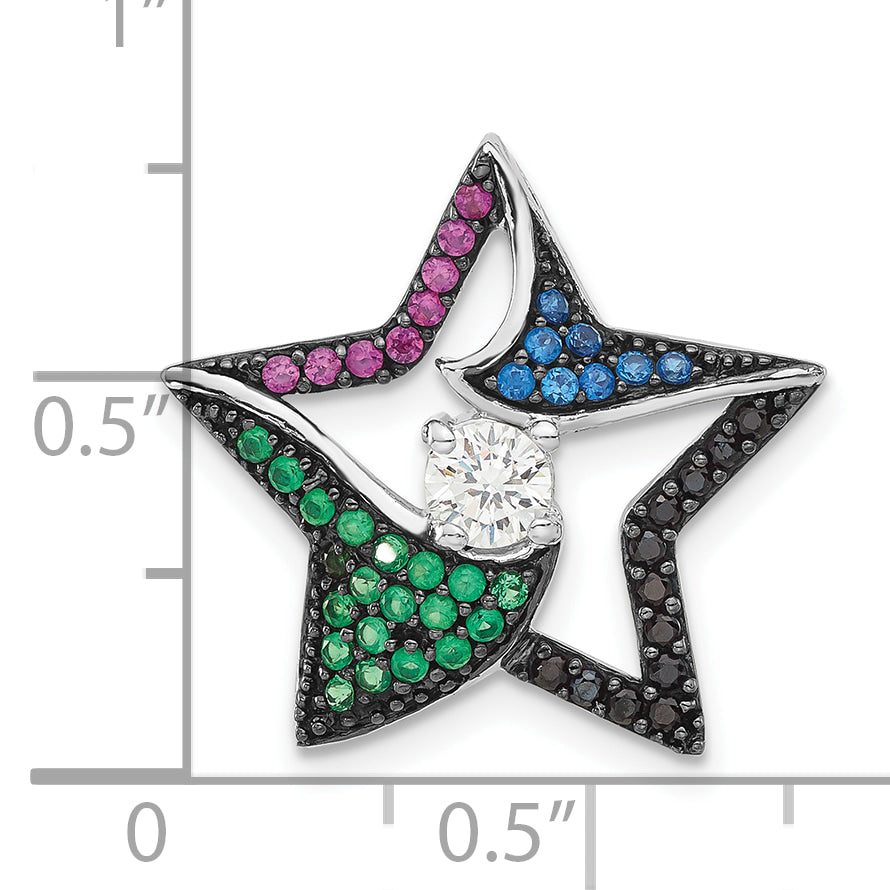 Sterling Silver W/Multi-color Stones & Clear CZ Star Chain Slide
