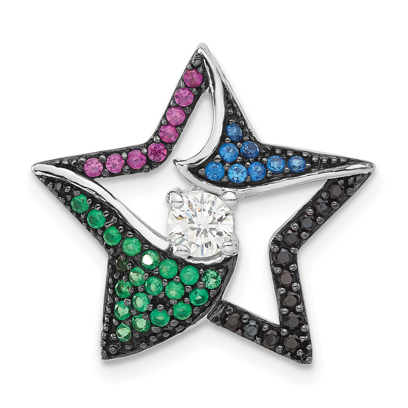 Sterling Silver & Black Rhodium Multi-color Stones & CZ Star Chain Slide Main image