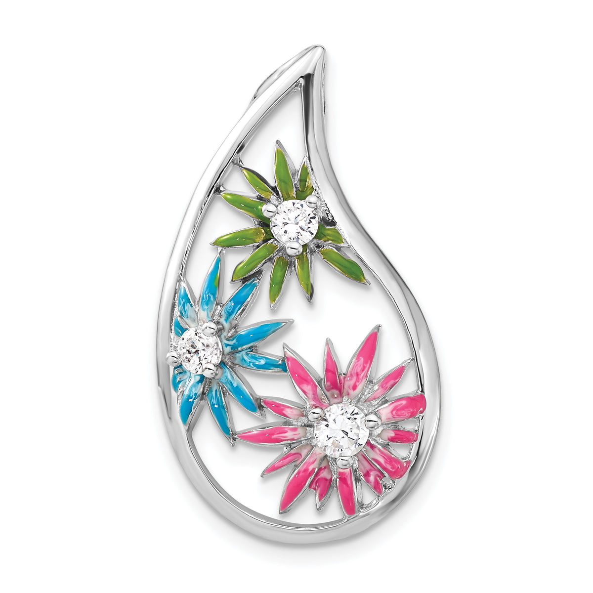Sterling Silver CZ & Blue, Green & Pink Enamel Floral Teardrop Slide