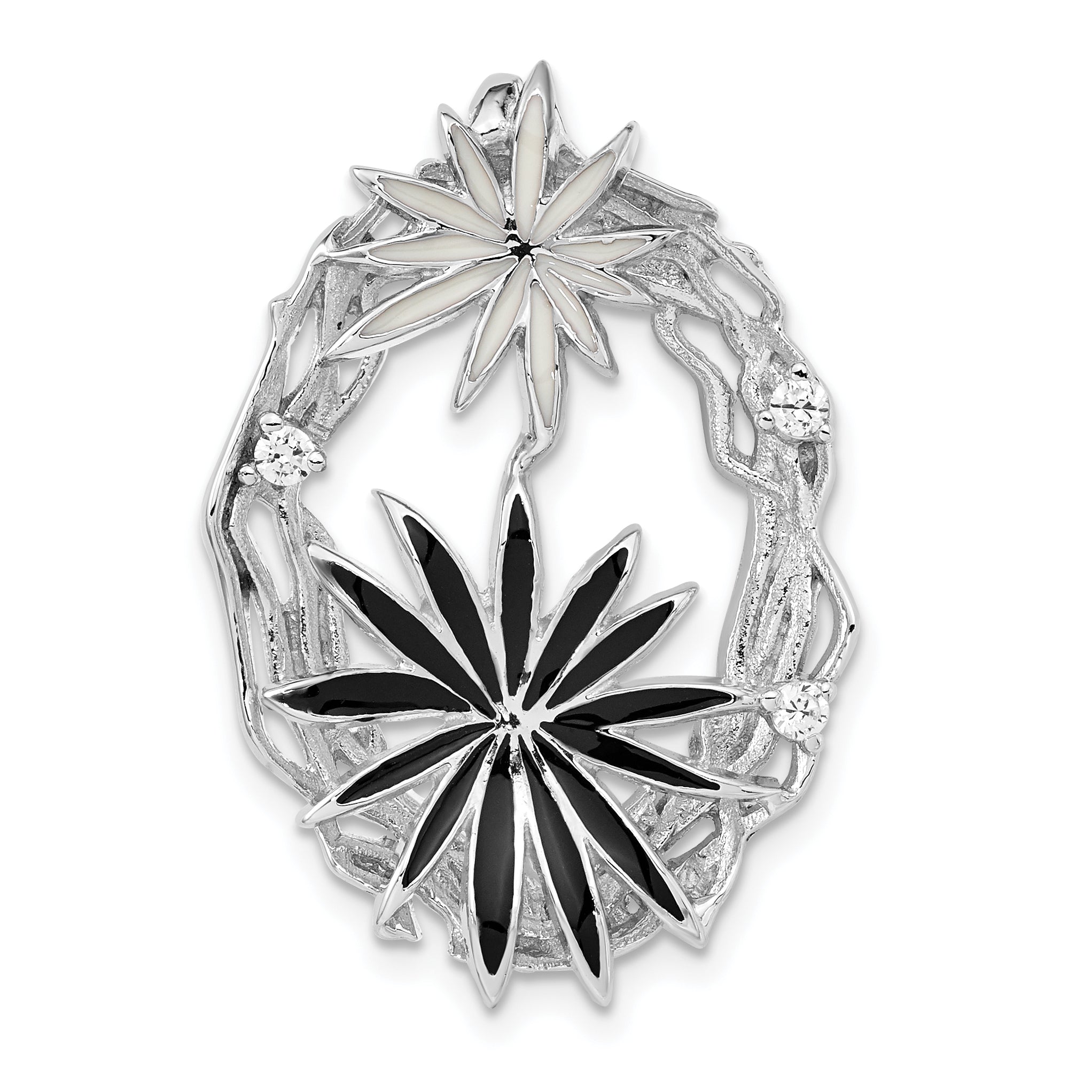 Sterling Silver Polished & Satin Black & White Enamel CZ Slide