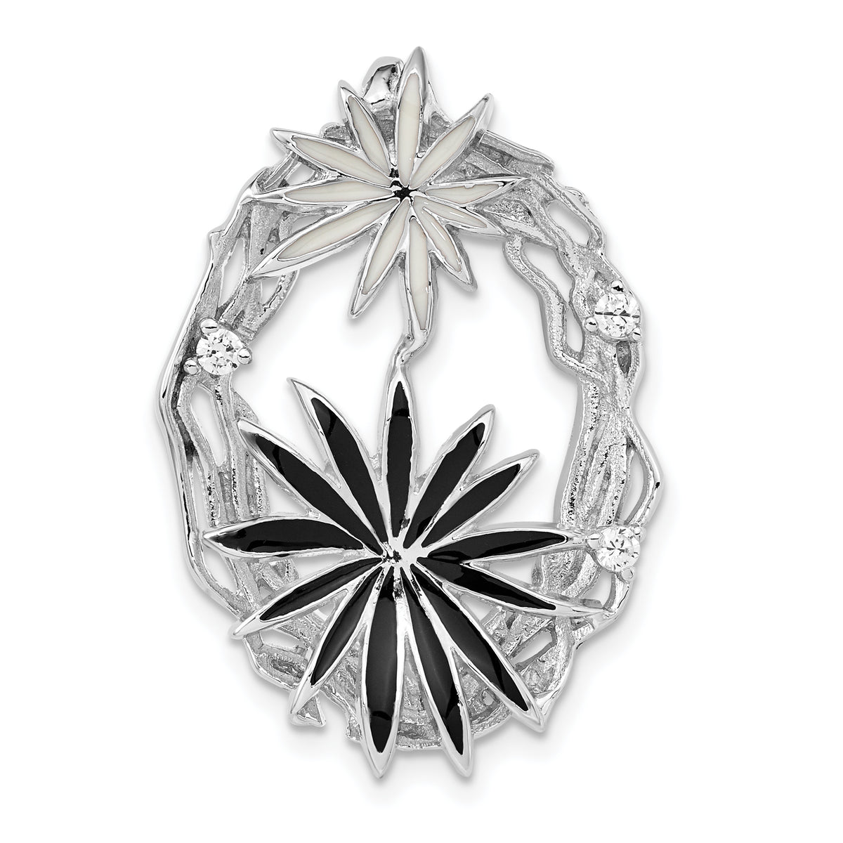 Sterling Silver Polished & Satin Black & White Enamel CZ Slide