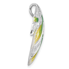 Sterling Silver Green And Yellow Enamel Leaf And CZ Slide