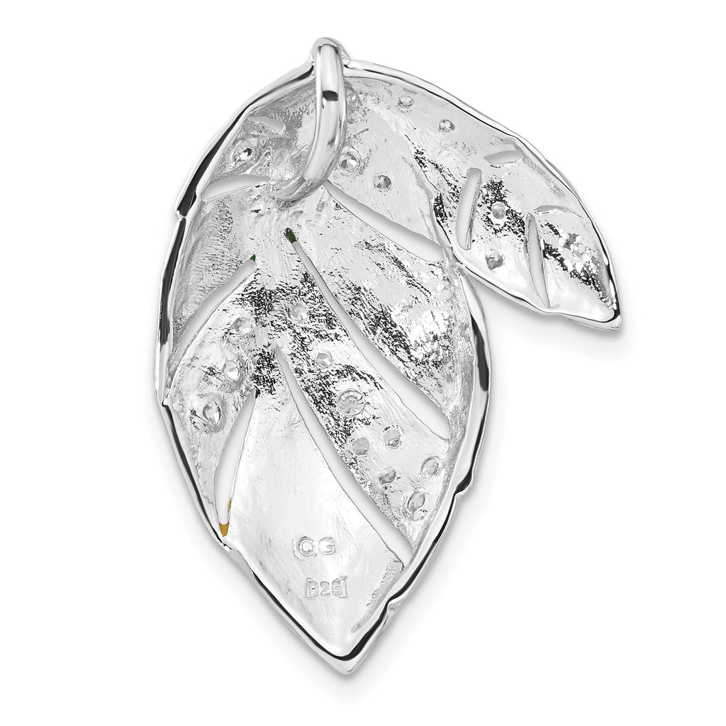 Sterling Silver Green And Yellow Enamel Leaf And CZ Slide