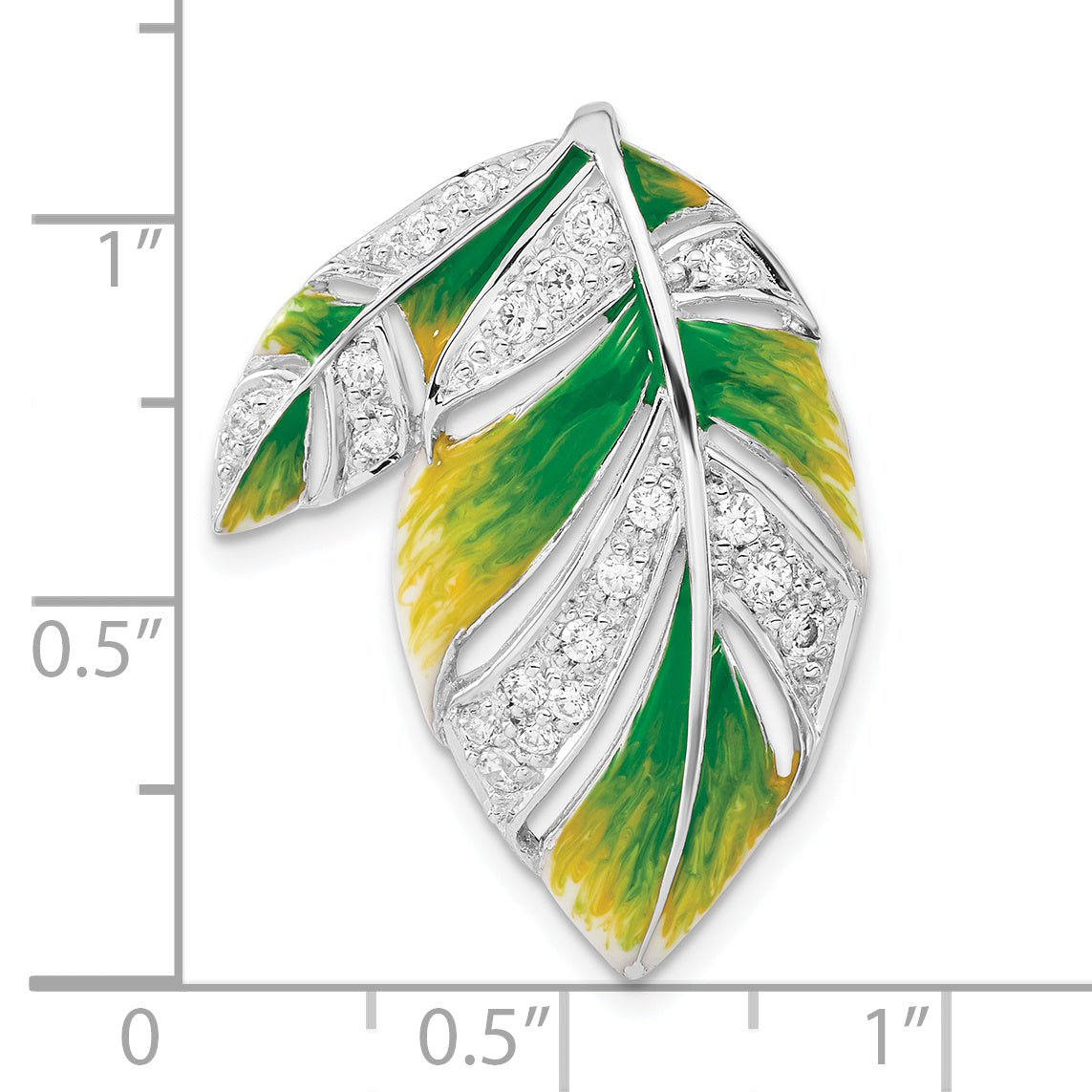Sterling Silver Green And Yellow Enamel Leaf And CZ Slide