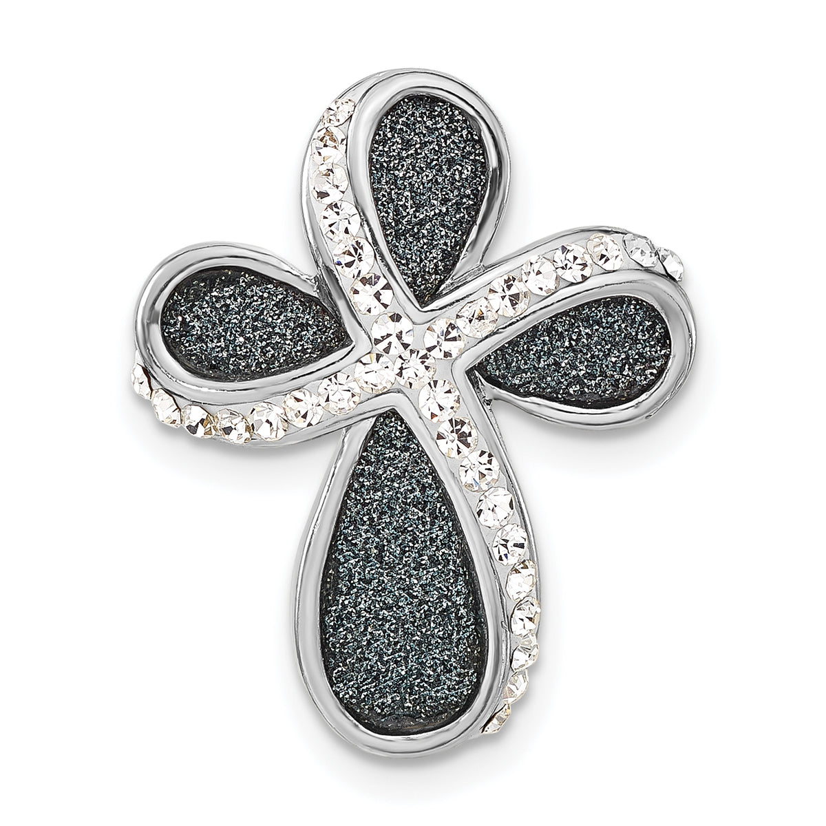 Sterling Silver Polished White Crystal & Blue Laser Glitter Texture Cross Pendant