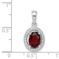 Sterling Silver Rhodium-plated w/ Dark Red & White CZ Oval Pendant