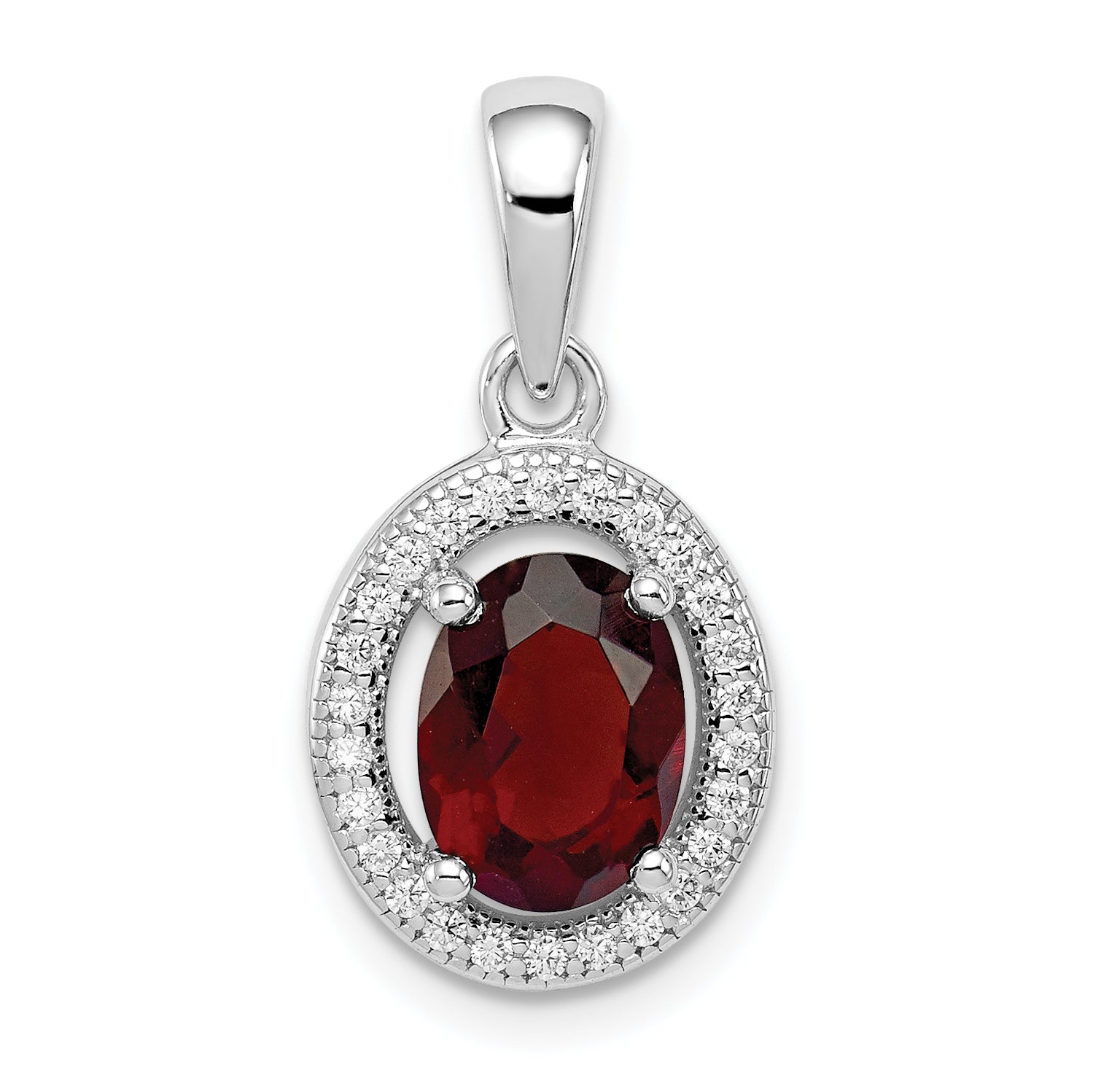 Sterling Silver Rhod-plated w/ Dark Red and White CZ Oval Pendant Main image