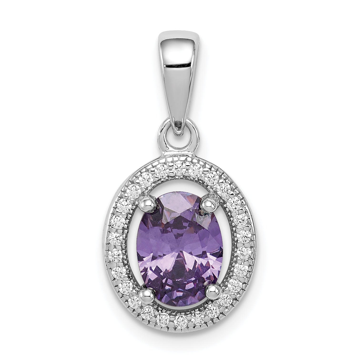 Sterling Silver Rhod-plated w/ Purple and White CZ Oval Pendant Main image