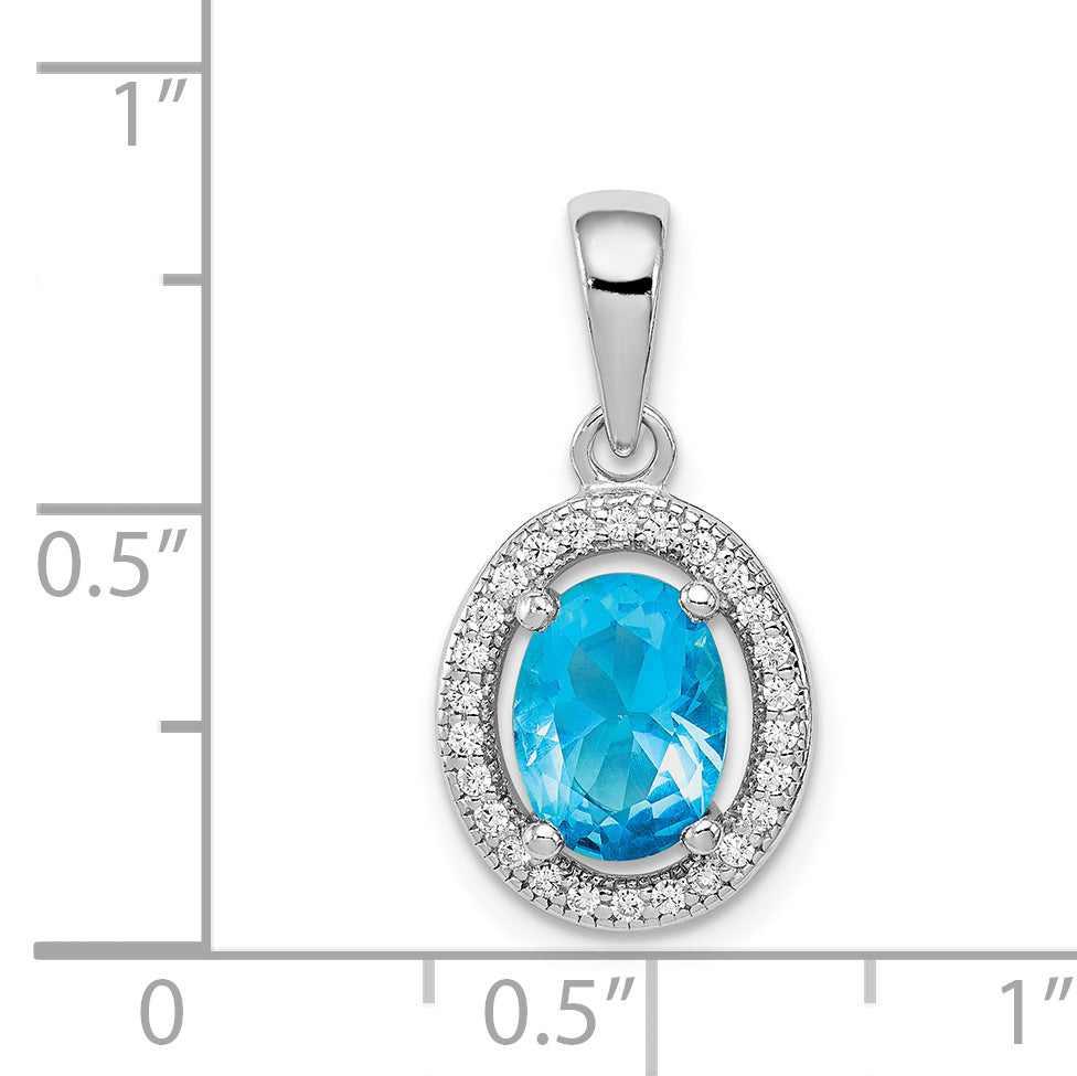 Sterling Silver Rhodium-plated w/ Light Blue & White CZ Oval Pendant
