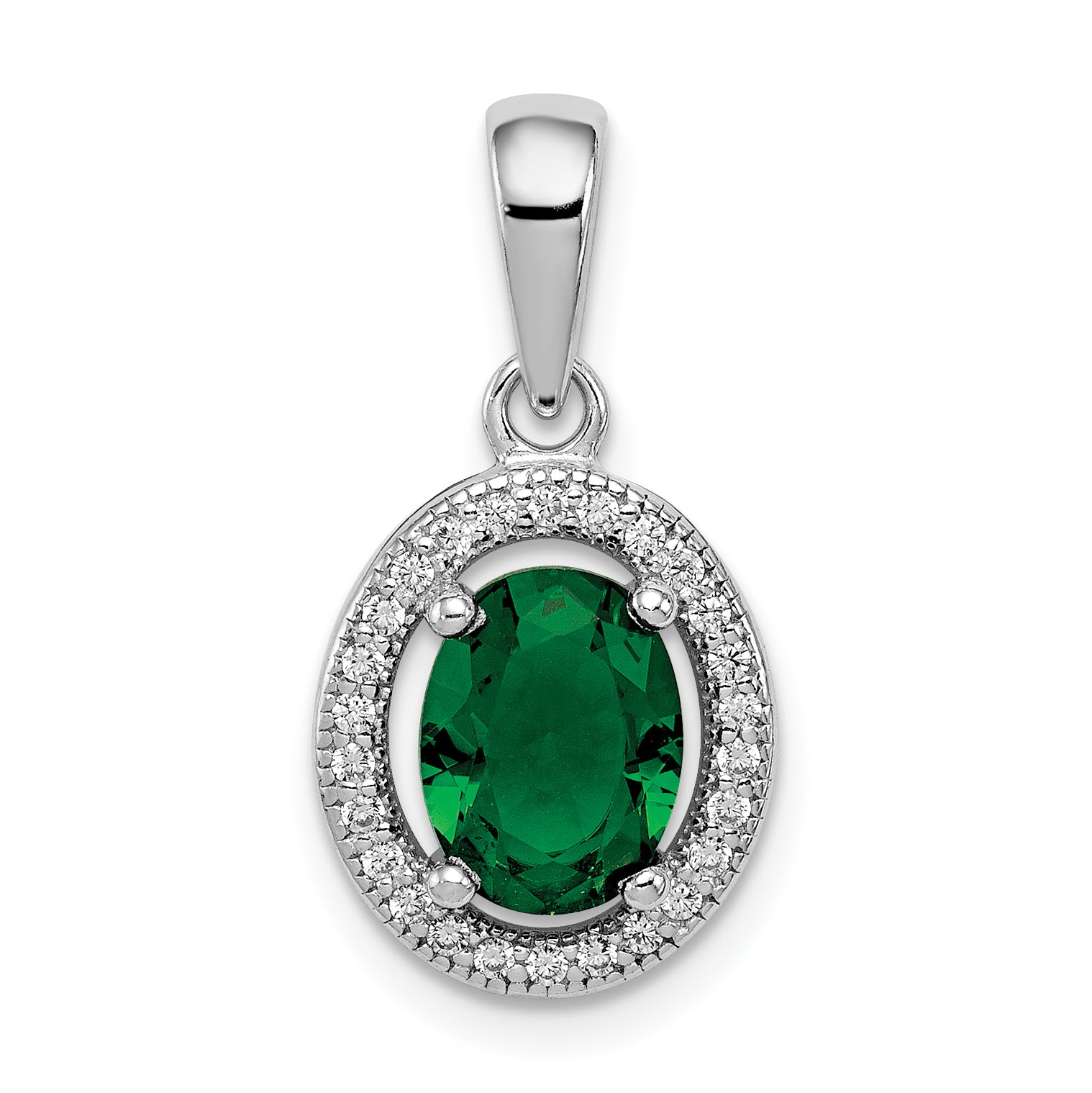 Sterling Silver Rhod-plated w/ Green and White CZ Oval Pendant