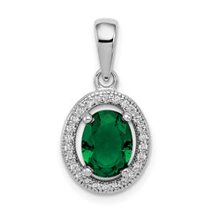 Sterling Silver Rhod-plated w/ Green and White CZ Oval Pendant