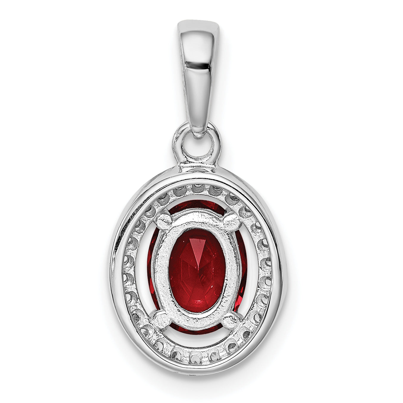 Sterling Silver Rhodium-plated w/ Red & White CZ Oval Pendant