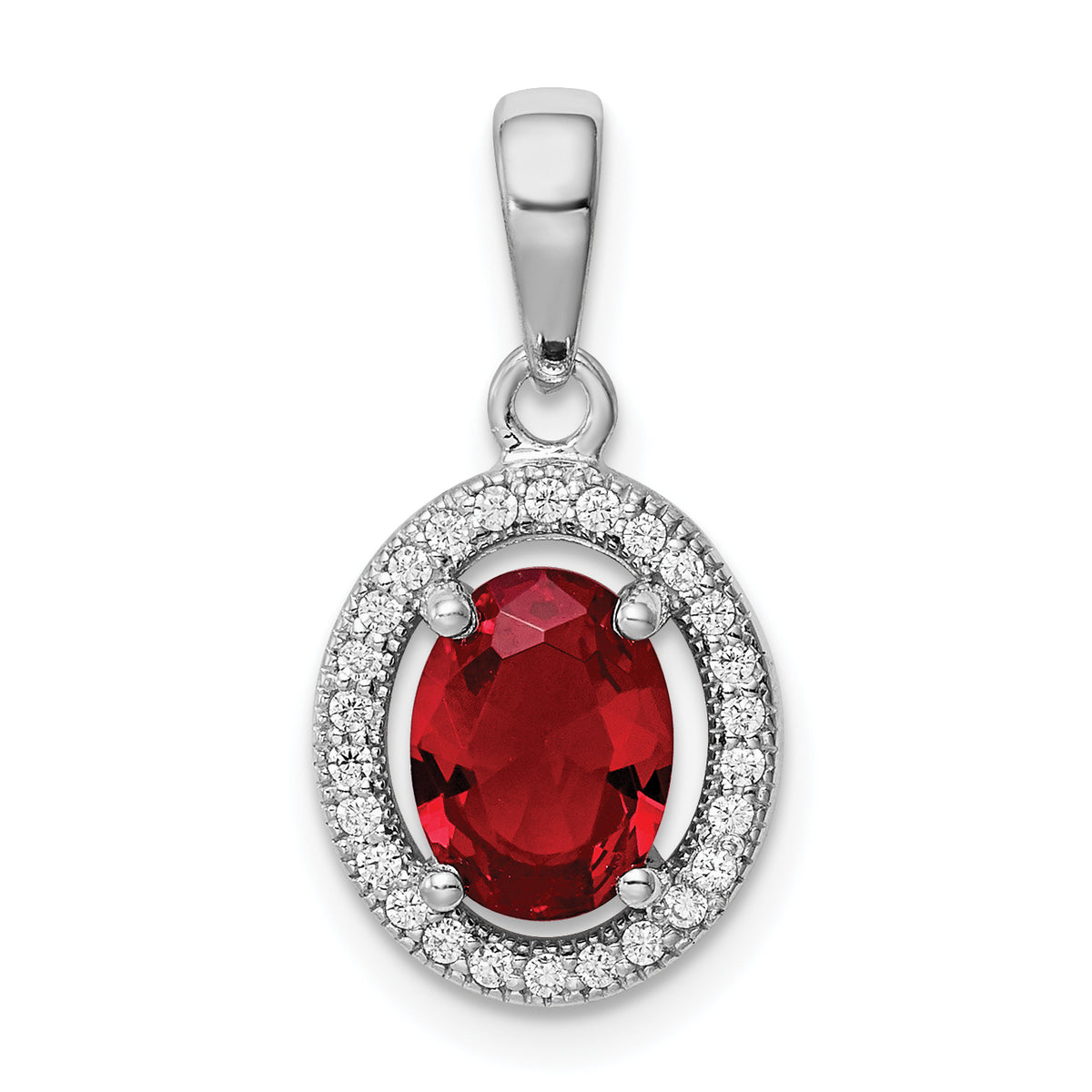 Sterling Silver Rhodium Plated Red  CZ and White CZ Halo Pendant