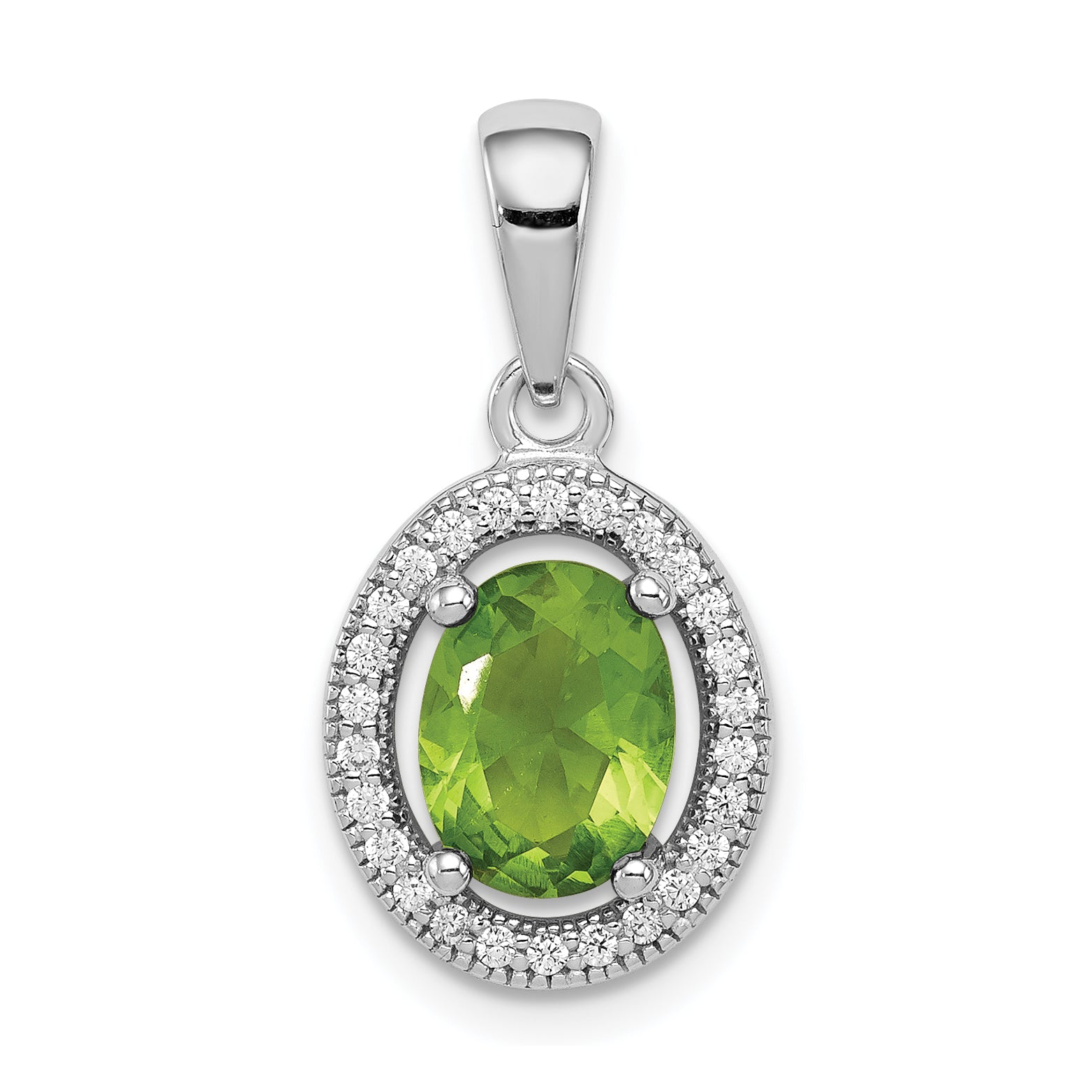 Sterling Silver Rhod-plated Light Green and White CZ Oval Pendant