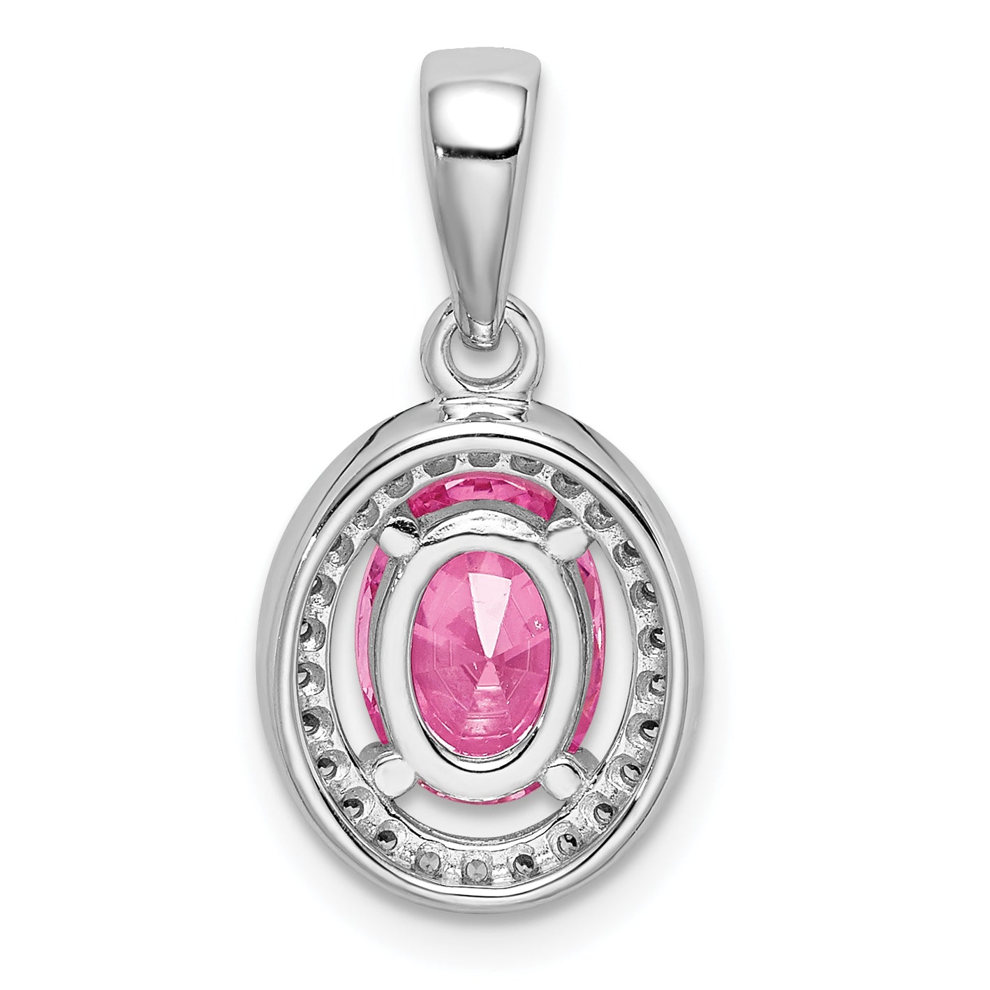 Sterling Silver Rhodium-plated w/ Pink & White CZ Oval Pendant