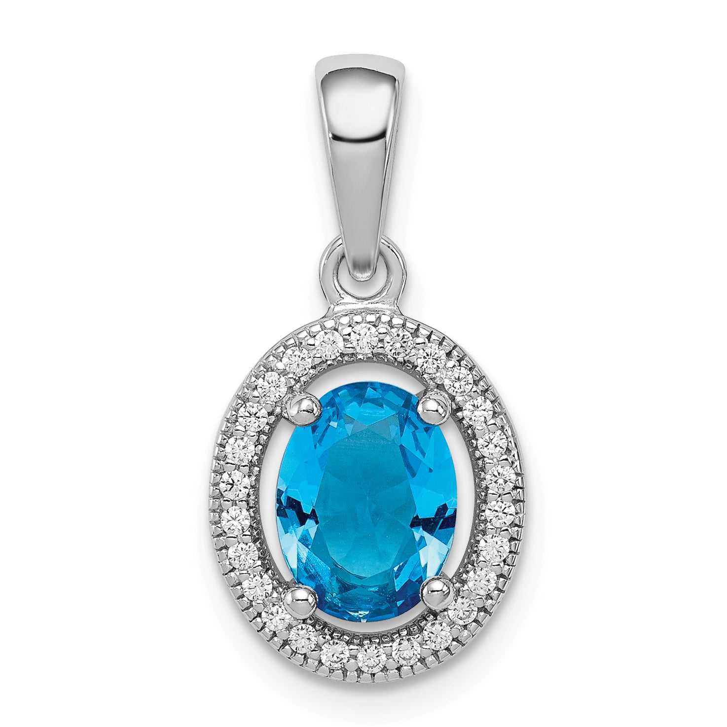 Sterling Silver Rhod-plated Blue and White CZ Oval Pendant