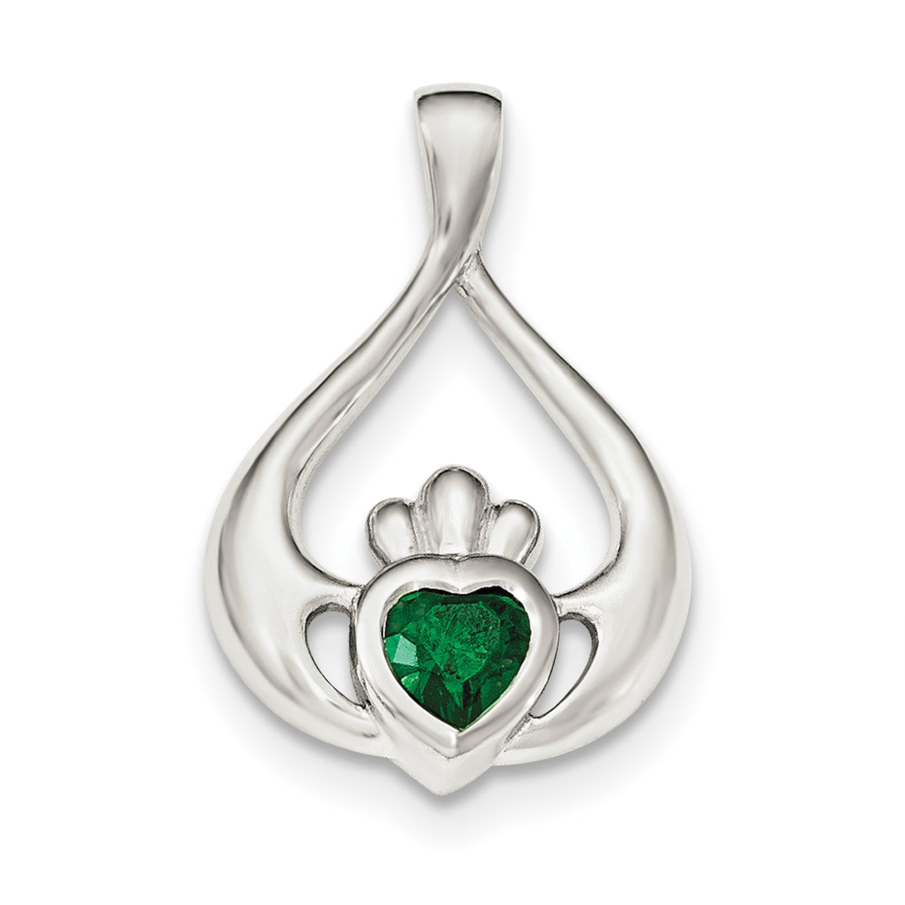 Sterling Silver Rhodium-plated Green CZ Heart Claddagh Pendant Main image