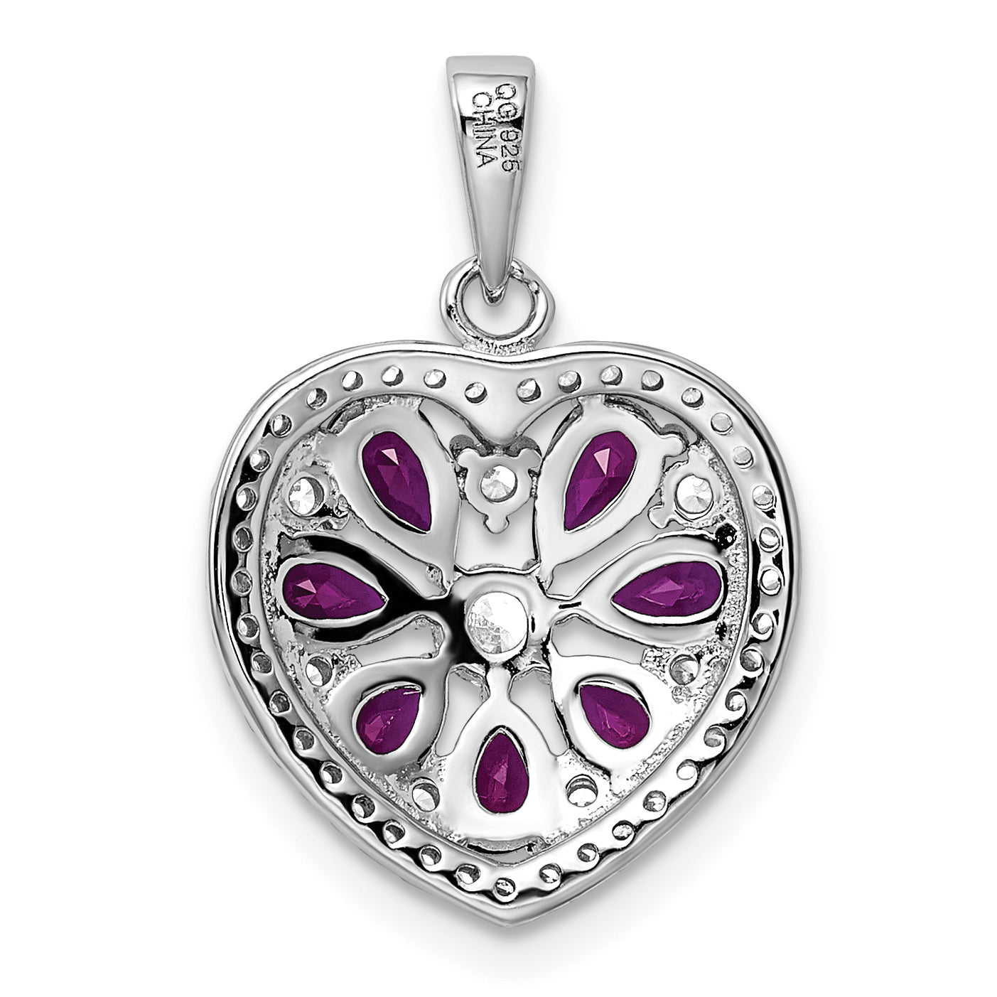Sterling Silver Polished with CZ and Syn. Ruby Heart Pendant