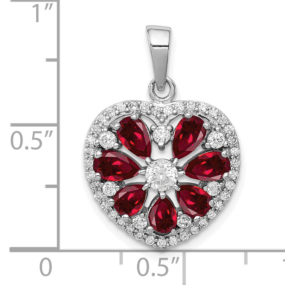 Sterling Silver Polished with CZ and Syn. Ruby Heart Pendant