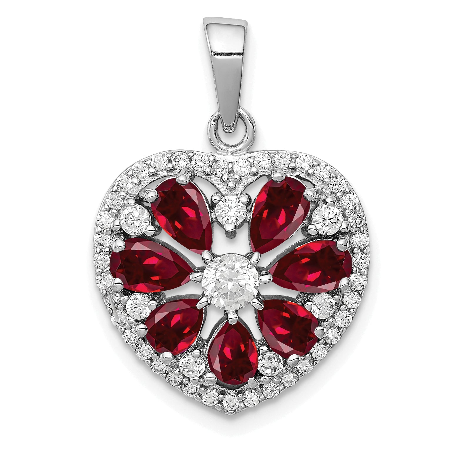 Sterling Silver Rhodium-plated Polished CZ and Lab Cr. Ruby Heart Pendant