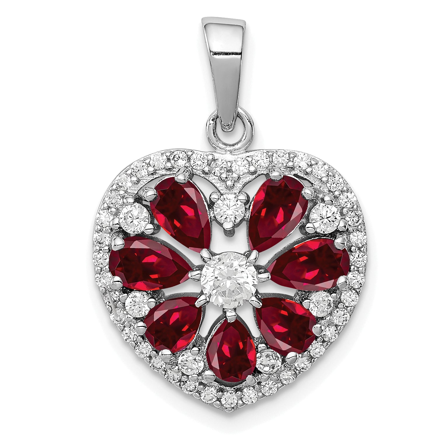 Sterling Silver Rhodium-plated Polished CZ and Lab Cr. Ruby Heart Pendant Main image