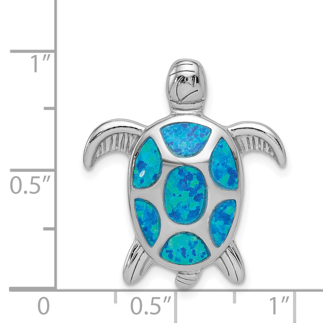 Sterling Silver Rhodium Created Blue Opal Turtle Slide