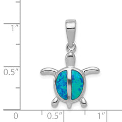 Sterling Silver Rhodium Created Blue Opal Turtle Pendant
