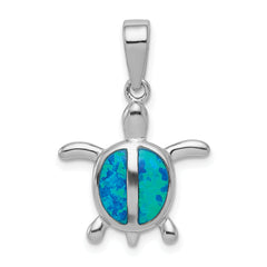 Sterling Silver Rhodium Created Blue Opal Turtle Pendant