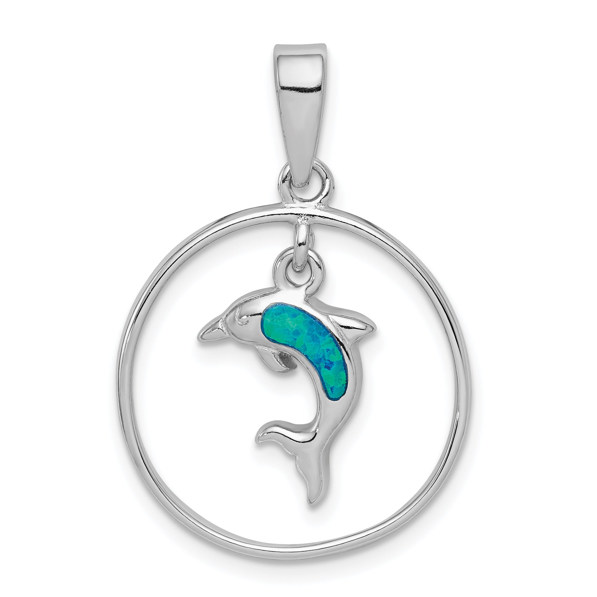 Sterling Silver Rhodium Created Blue Opal Dolphin Inside Circle Pendant