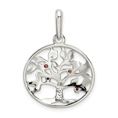 Sterling Silver Polished Red CZ Tree Circle Pendant
