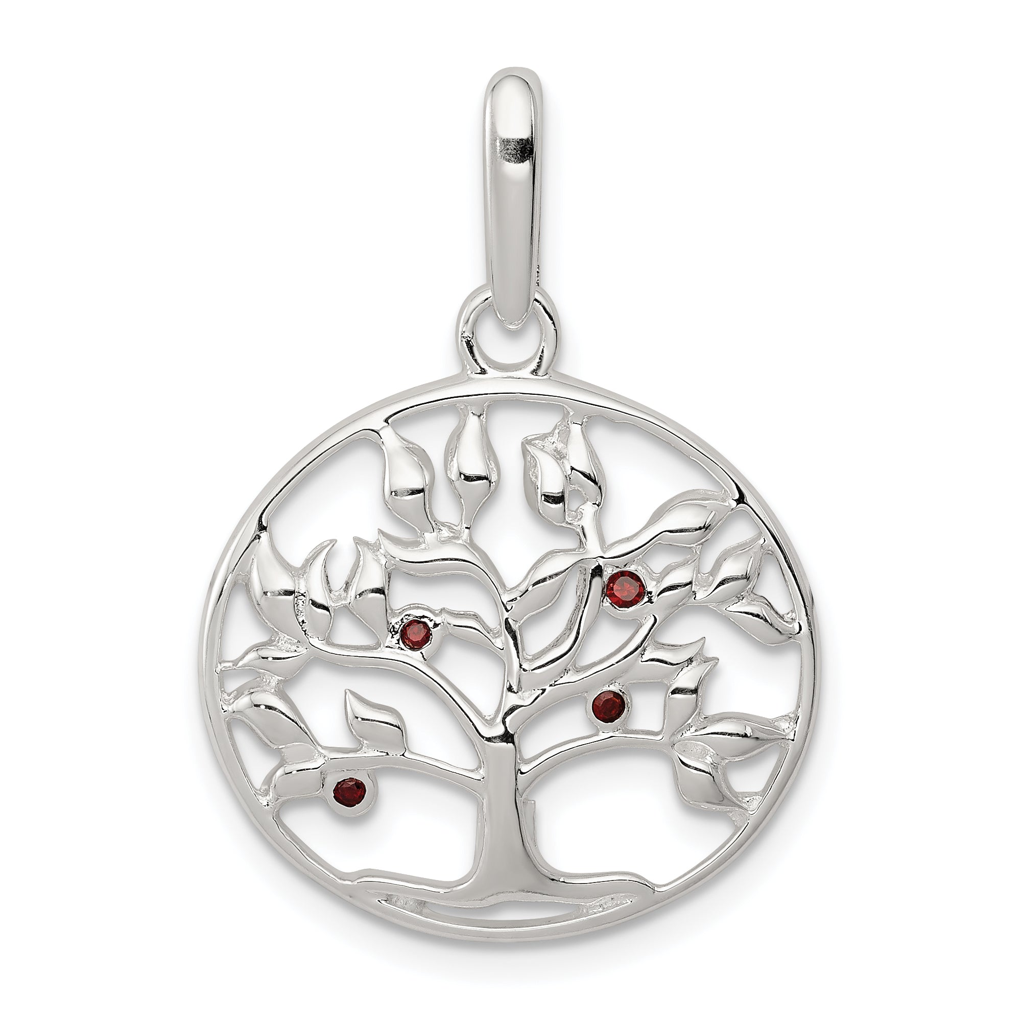 Sterling Silver Polished Red CZ Tree Circle Pendant