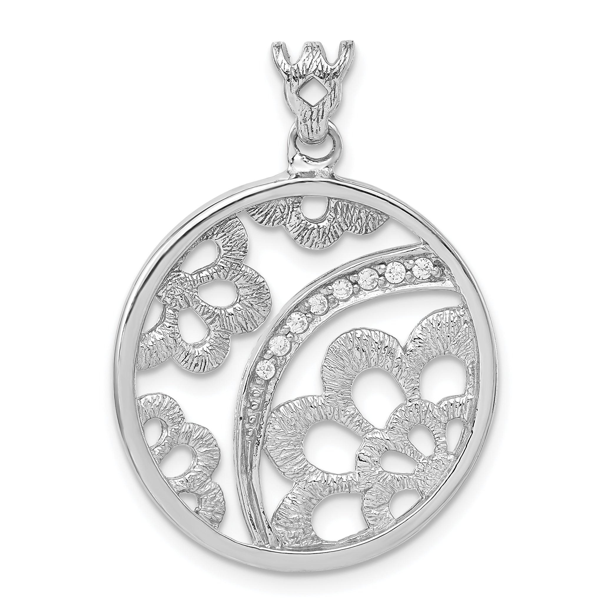 Sterling Silver Rhodium-plated Textured CZ Floral Circle Pendant
