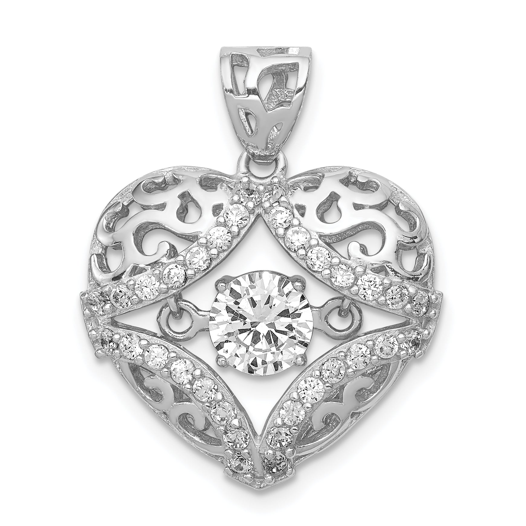 Sterling Silver Rhodium-plated Vibrant CZ Heart Pendant