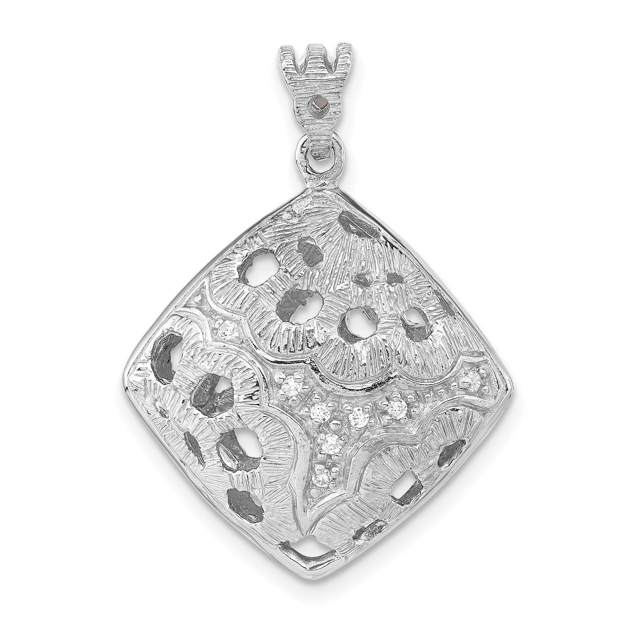 Sterling Silver Rhodium-plated Textured Crystal Floral Square Pendant Main image