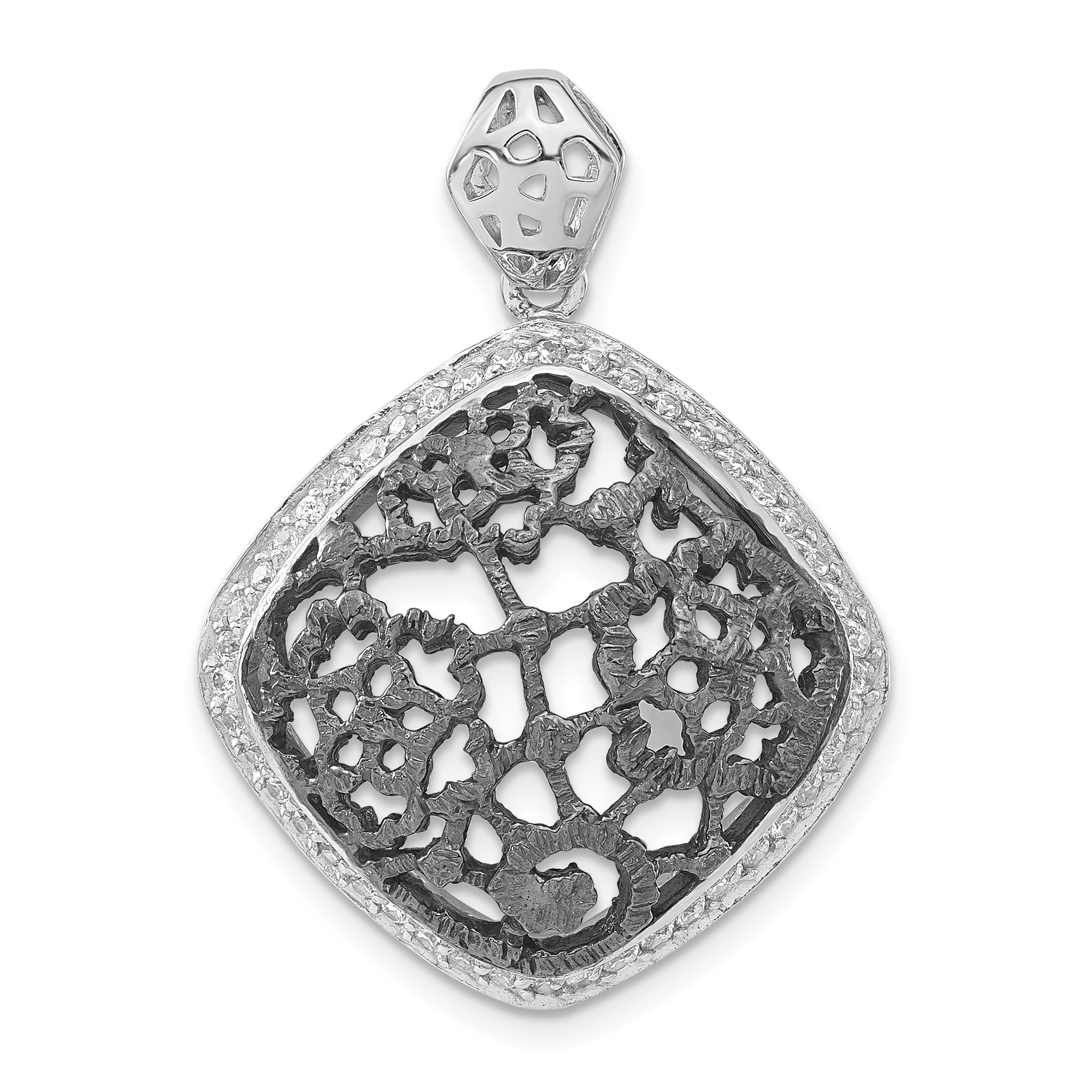 Sterling Silver w/ Black Rhodium Textured CZ Floral Square Pendant Main image