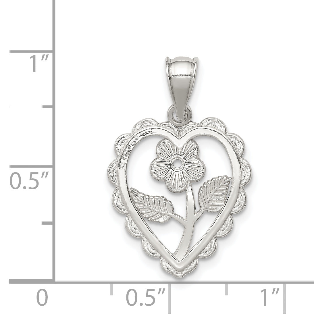 Sterling Silver Polished Mini Floral Center Heart Pendant
