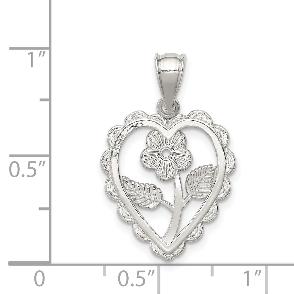 Sterling Silver Polished Mini Floral Center Heart Pendant