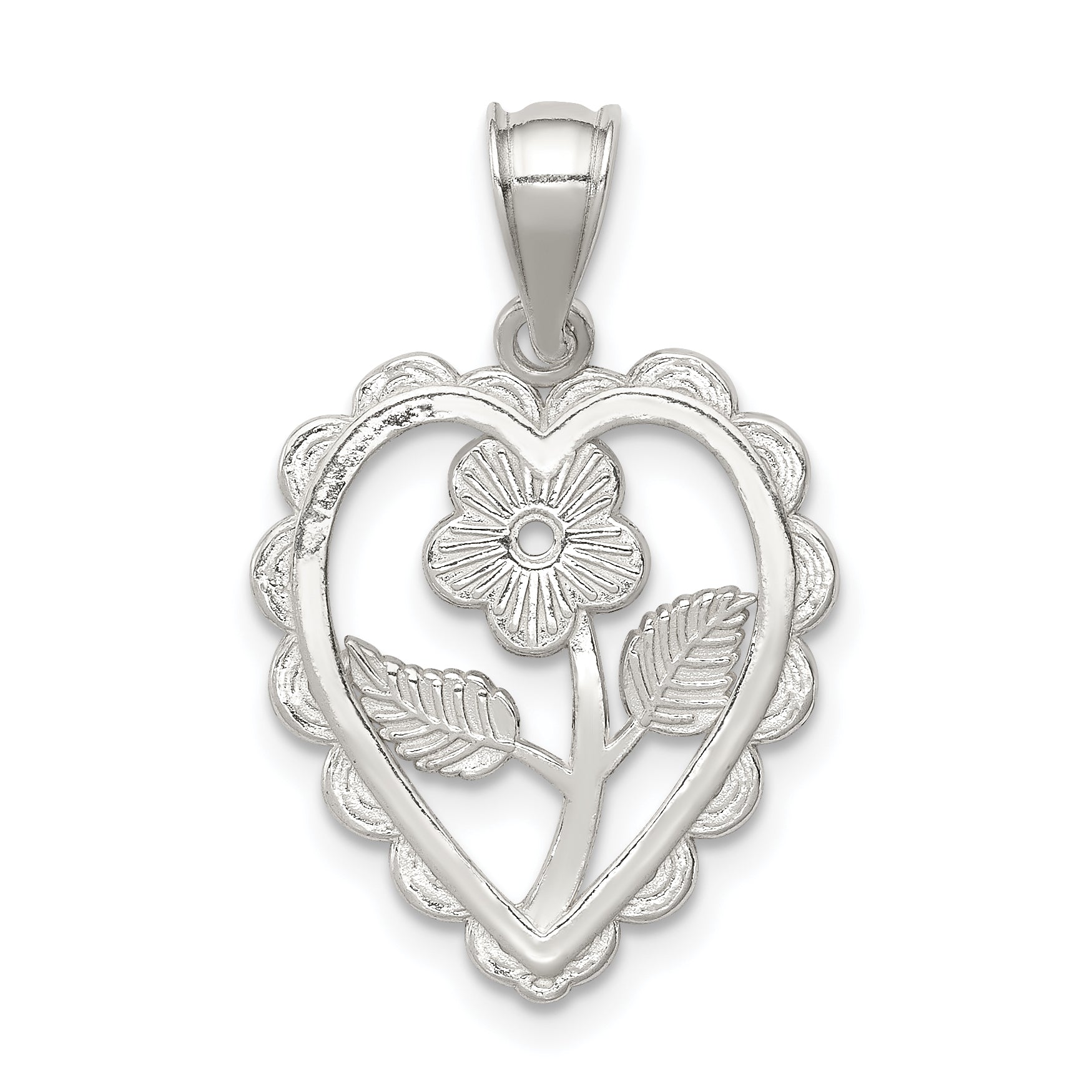 Sterling Silver Polished Mini Floral Center Heart Pendant Main image