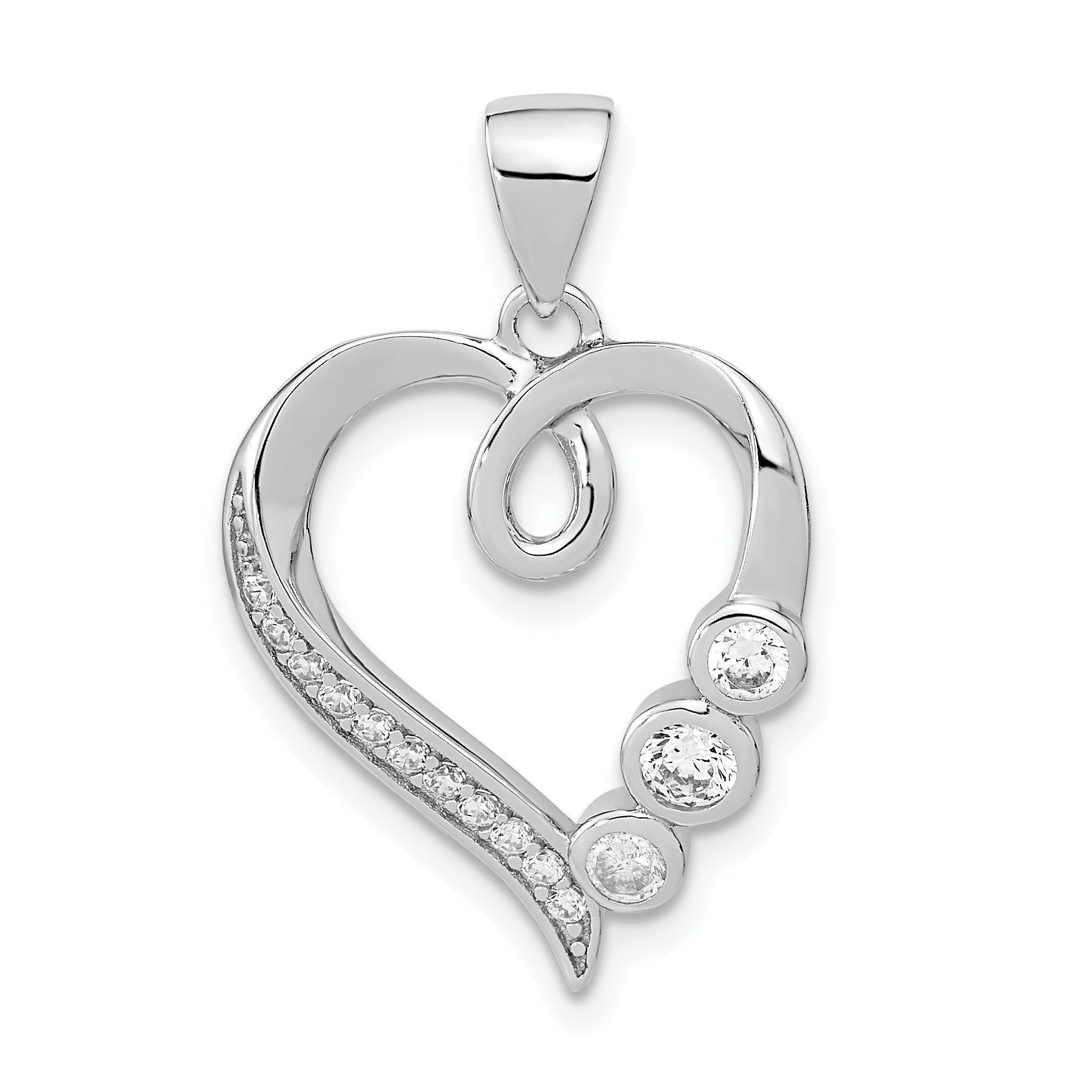 Sterling Silver Rhodium-plated Polished Open Heart CZ Pendant Main image