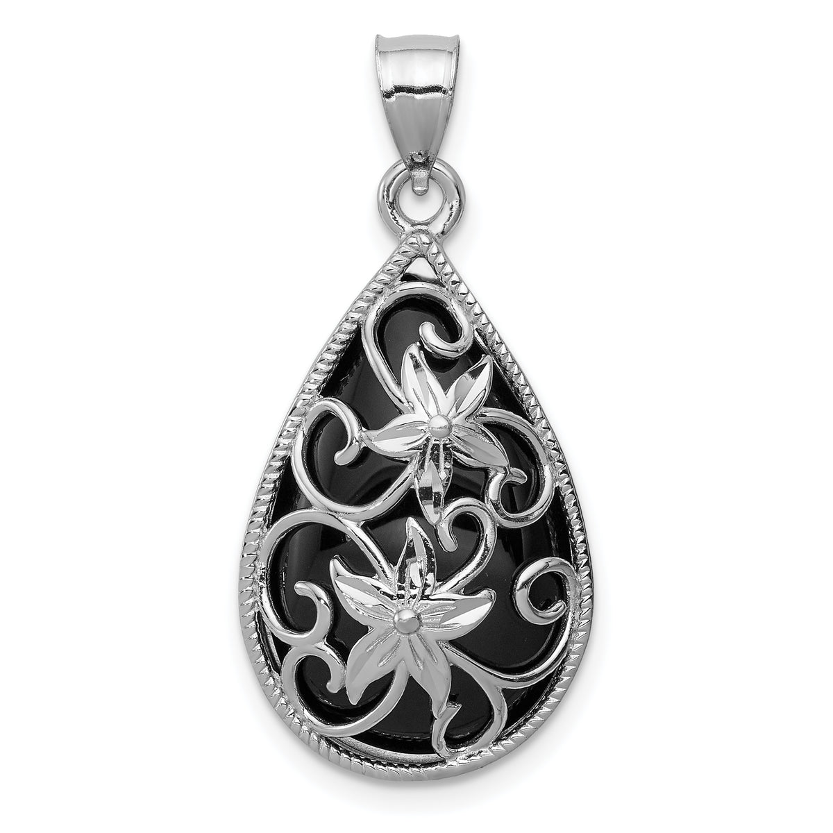 Sterling Silver Rhodium-plated Filigree Floral Diamond Cut Onyx Teardrop Dangle Pendant