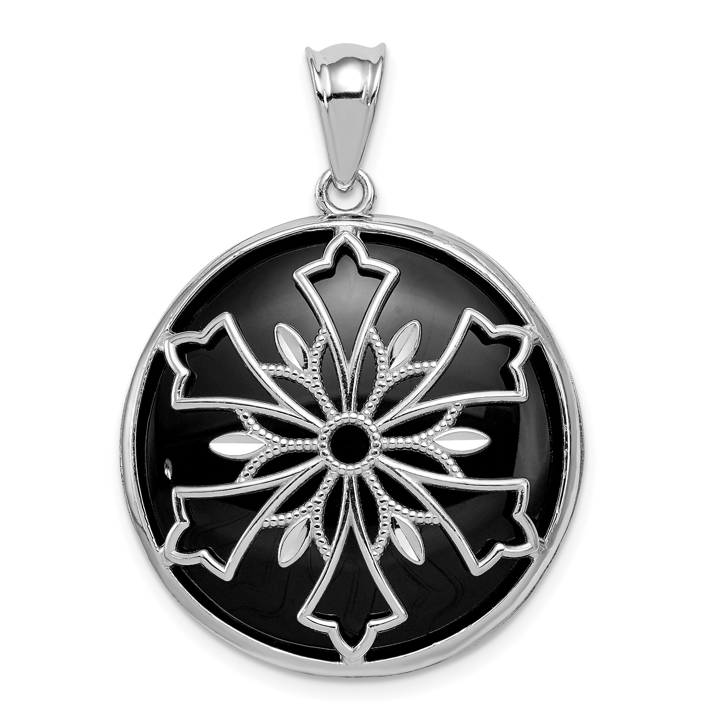 Sterling Silver Rhodium-plated Snowflake Diamond Cut Mother of Pearl and Onyx Reversible Pendant