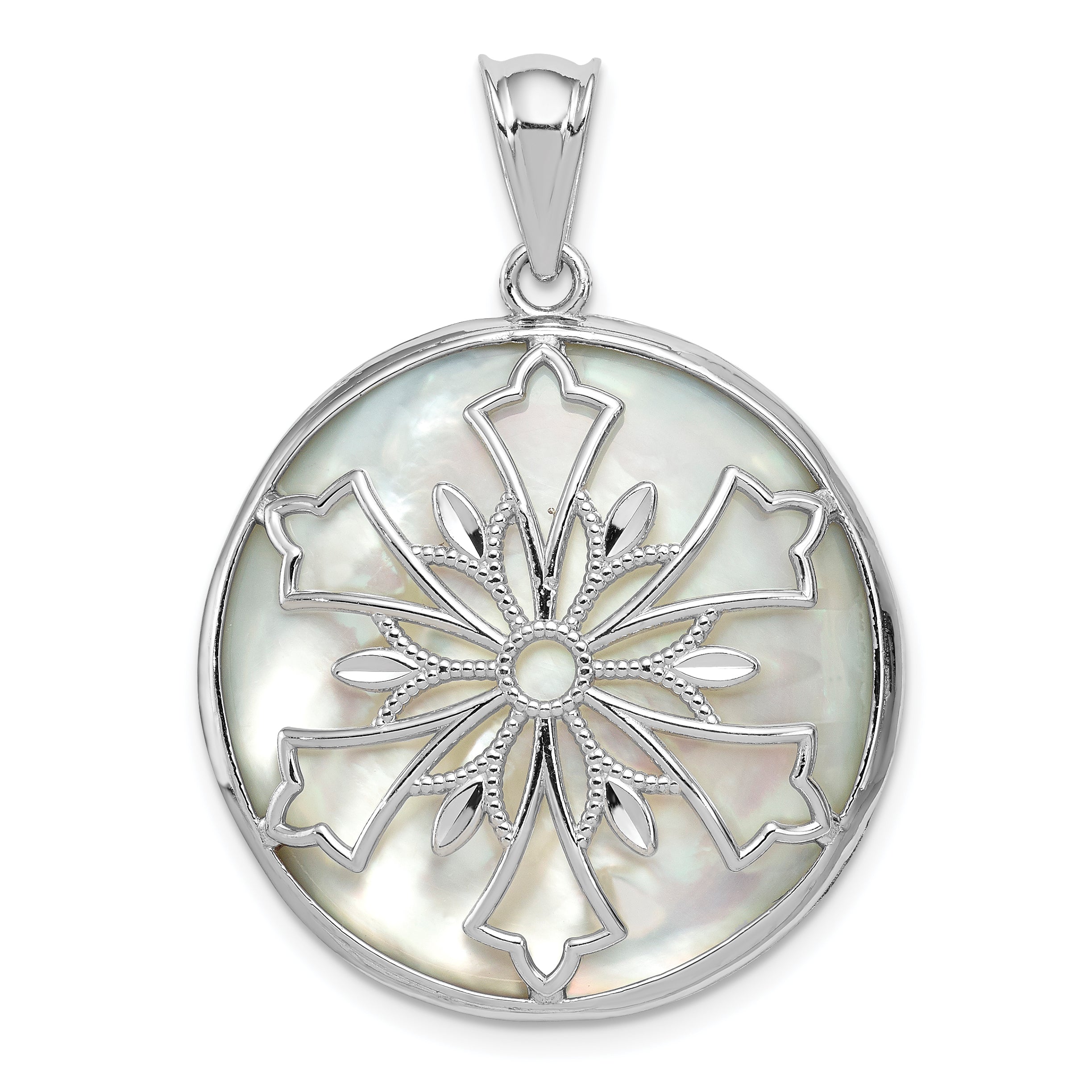 Sterling Silver Rhodium-plated Snowflake Diamond Cut Mother of Pearl and Onyx Reversible Pendant