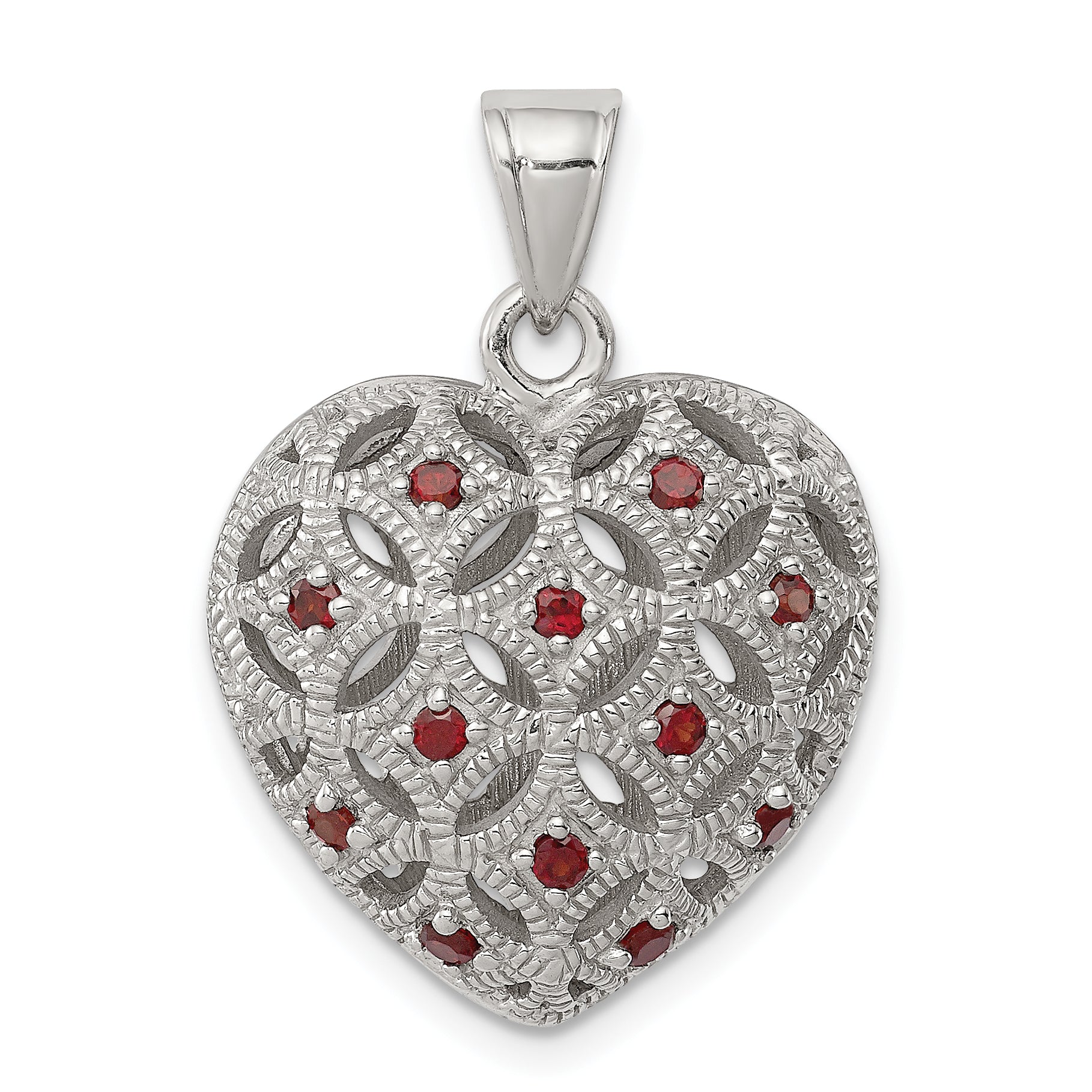 Sterling Silver Rhodium-plated w/Garnet Heart Pendant Main image