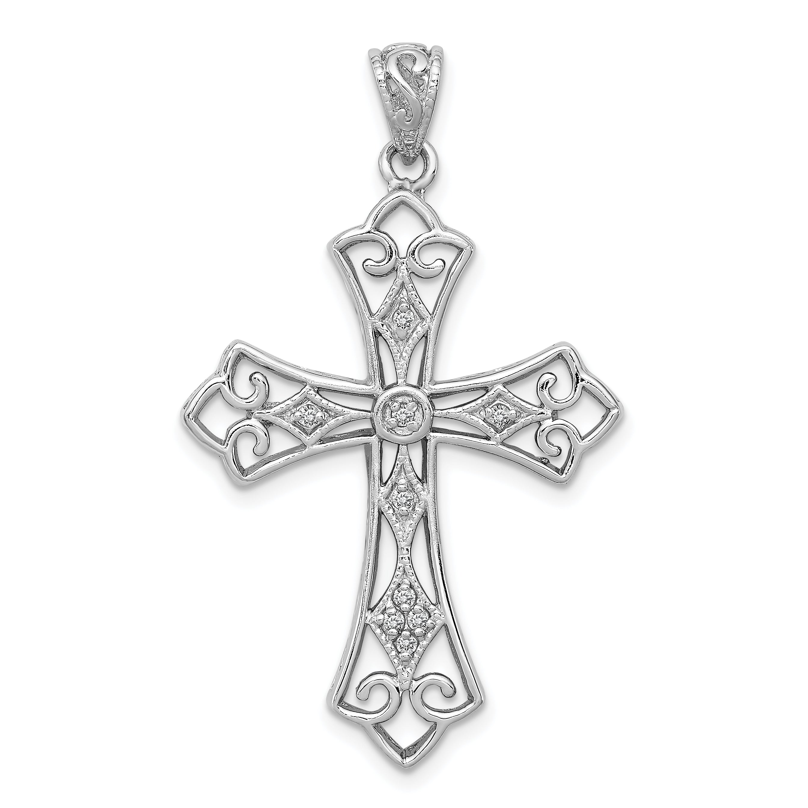 Sterling Silver Rhodium & Diam. Filigree Cross Pendant Main image